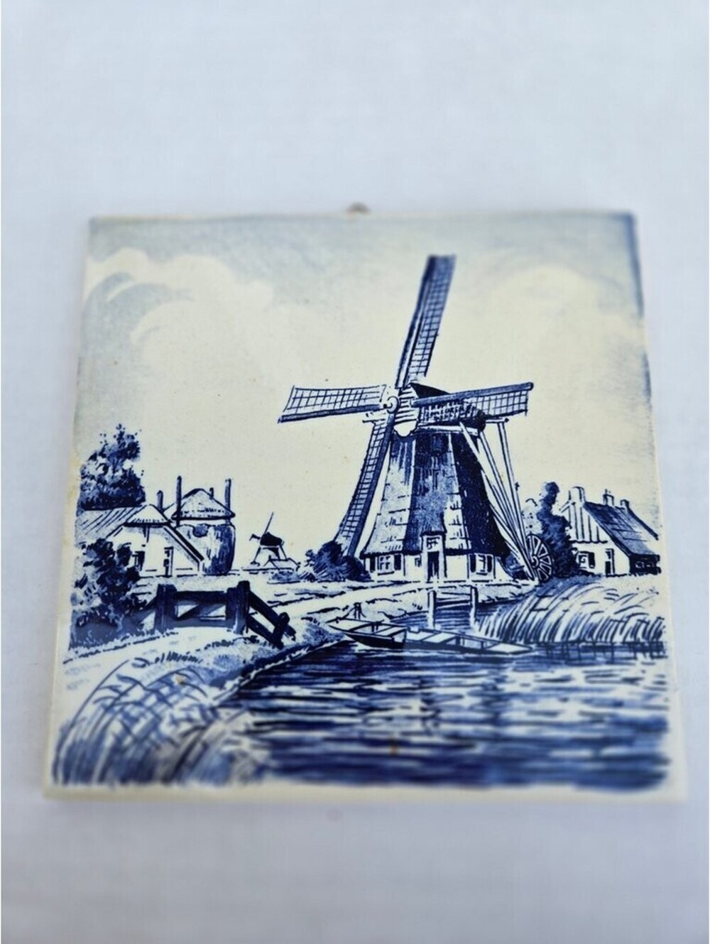 Vintage Delft Blue Ceramic Tile with Windmill Scene